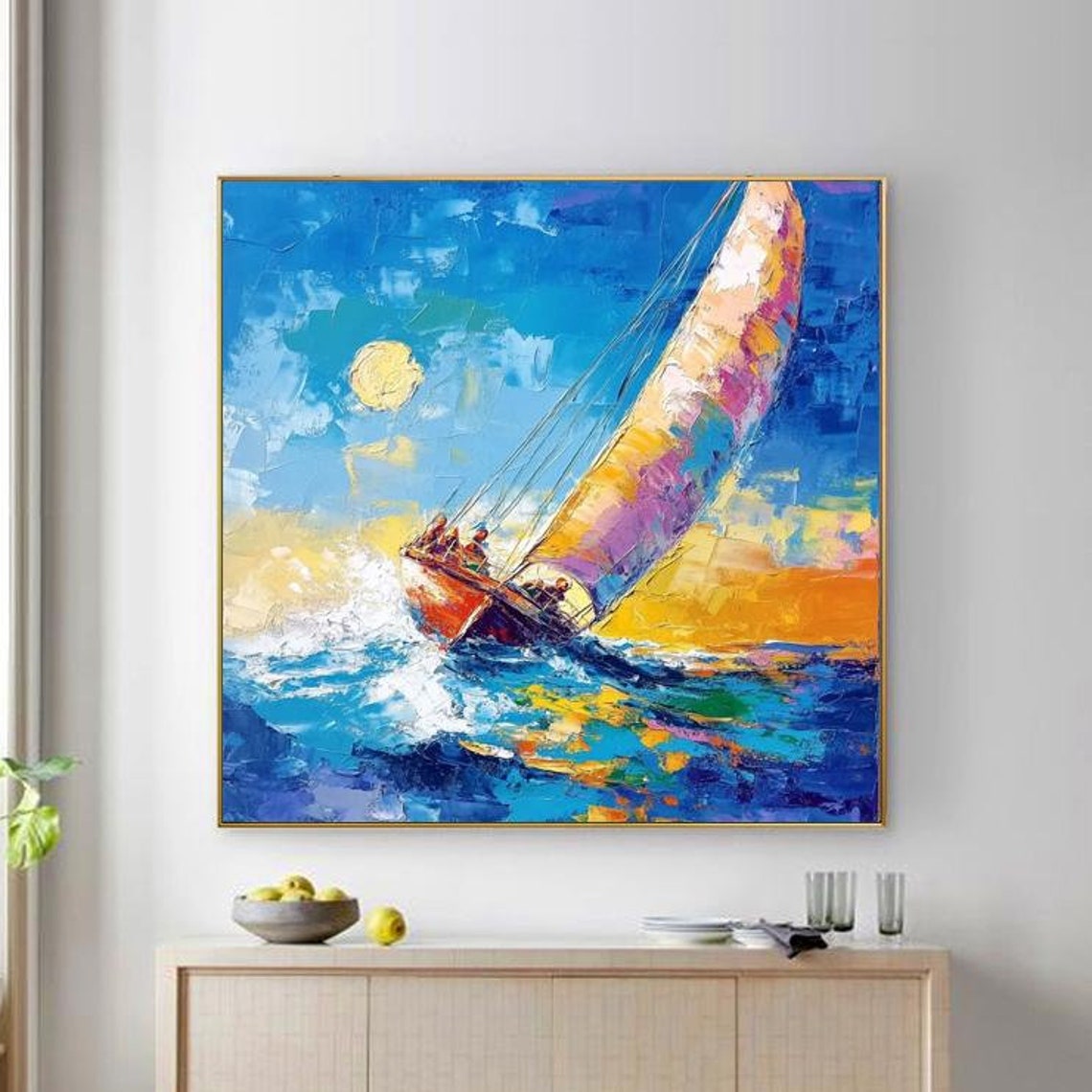 Sailboat At Sunset On Colorful Impasto Ocean Waves Nautical Art Poster