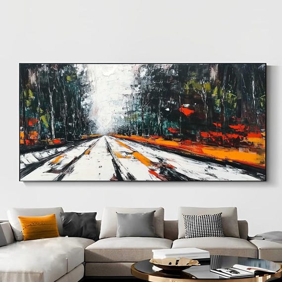 Hand Painted Abstract Oil Painting Road And Forest Minimalist Modern Wall Art For Living Room Entryway Dining Room