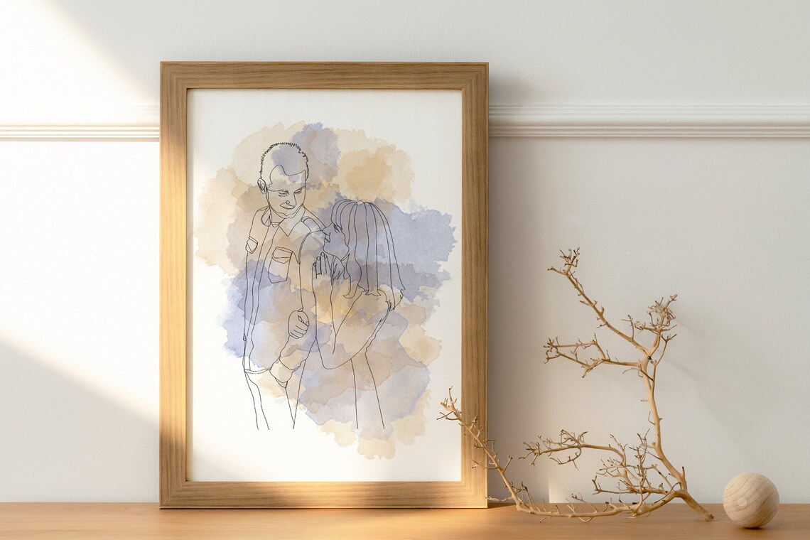 Watercolor and Line Art of a Couple Kissing in Blue Washes Poster - Image 2