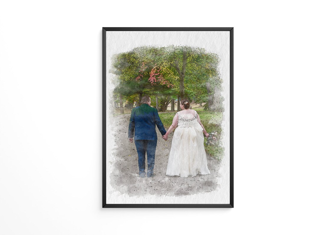 Custom Watercolor Wedding Portrait of a Couple Holding Hands Poster