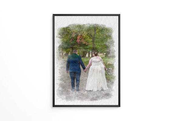 Custom Watercolor Wedding Portrait of a Couple Holding Hands Poster