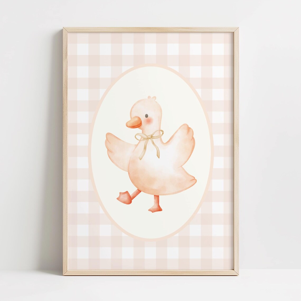 Cute Watercolor Goose Oval Frame Warm Beige Gingham Neutral Nursery Poster