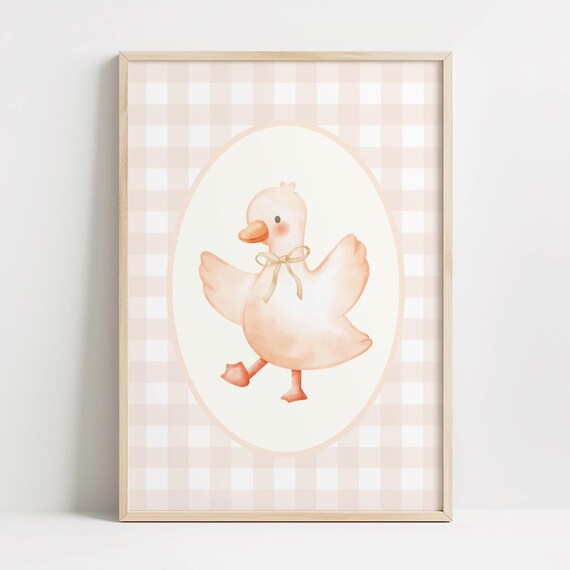 Cute Watercolor Goose Oval Frame Warm Beige Gingham Neutral Nursery Poster