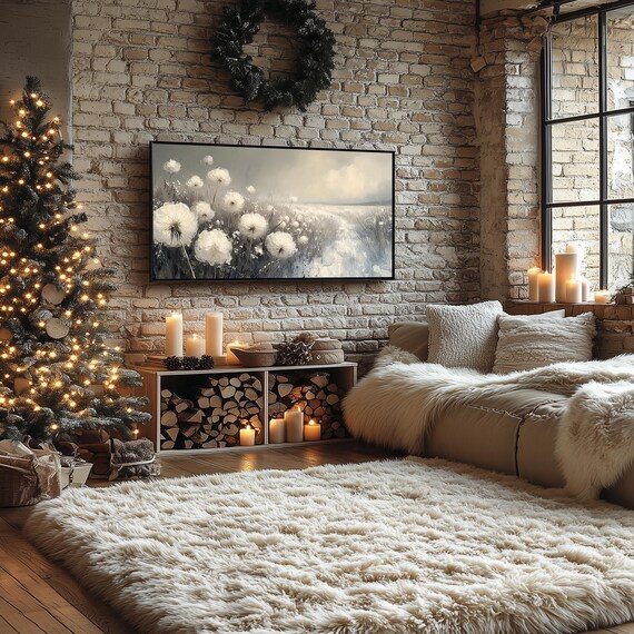 White Wildflowers Winter Field Misty Botanical Painting Frame TV Poster