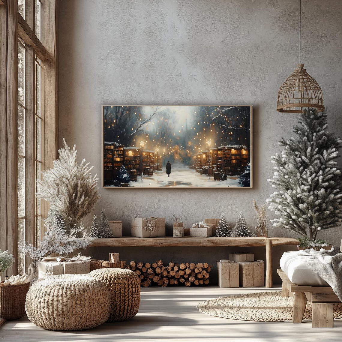 Snowy Book Market Street with Glowing Shelves Frame TV Poster - Image 5