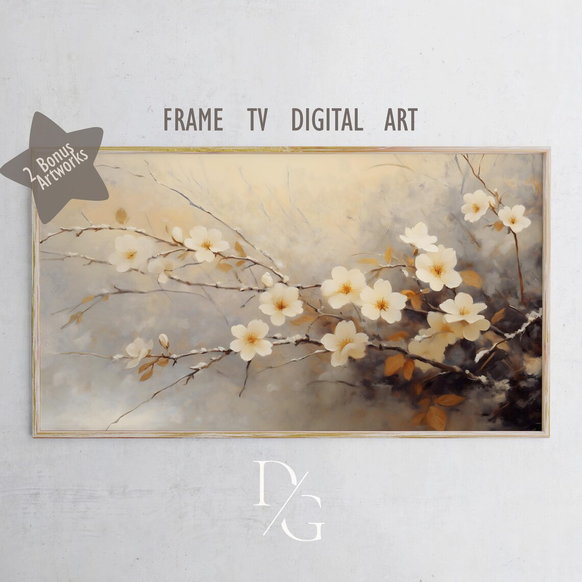 White Winter Blossoms Delicate Floral Branches Painting Frame TV Poster - Image 5