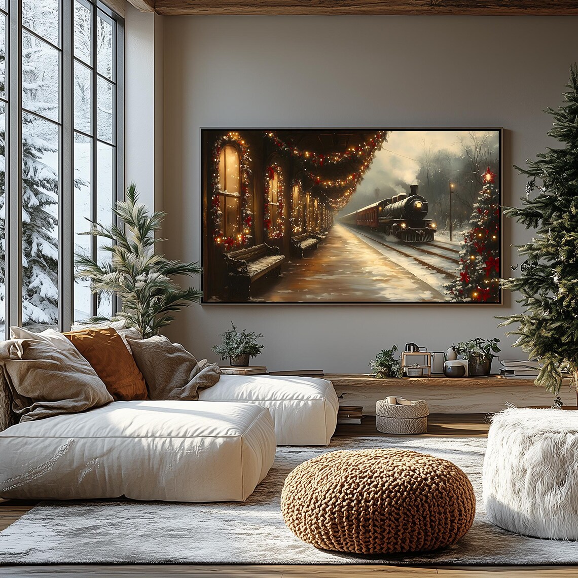 Christmas Steam Train Station on Winter Night Frame TV Poster - Image 2