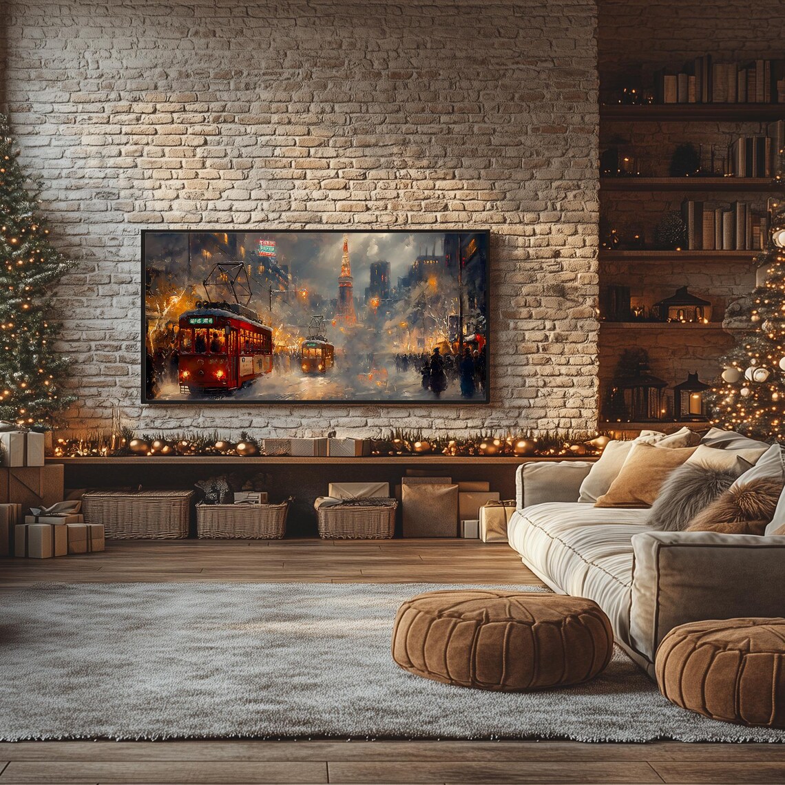 Winter in Tokyo Vintage Street Trams Snowy Tokyo Tower Frame TV Poster - Image 2