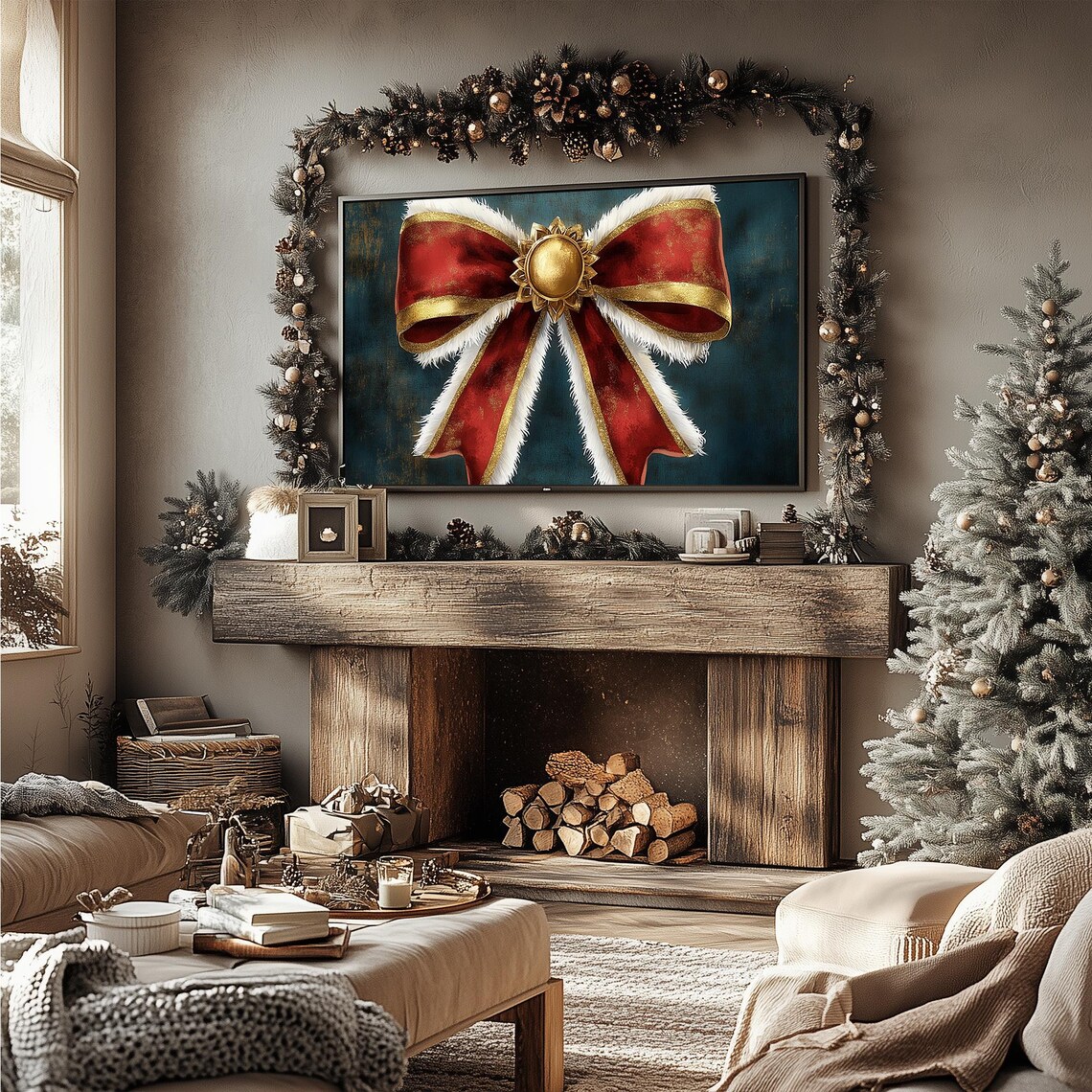Red Velvet Christmas Bow with Gold Trim on Dark Teal Holiday Poster - Image 5