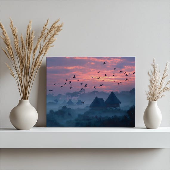 Amazon Jungle Canvas Wall Art Misty Rainforest Print Tropical Sunrise Decor Huts Landscape Photography Nature