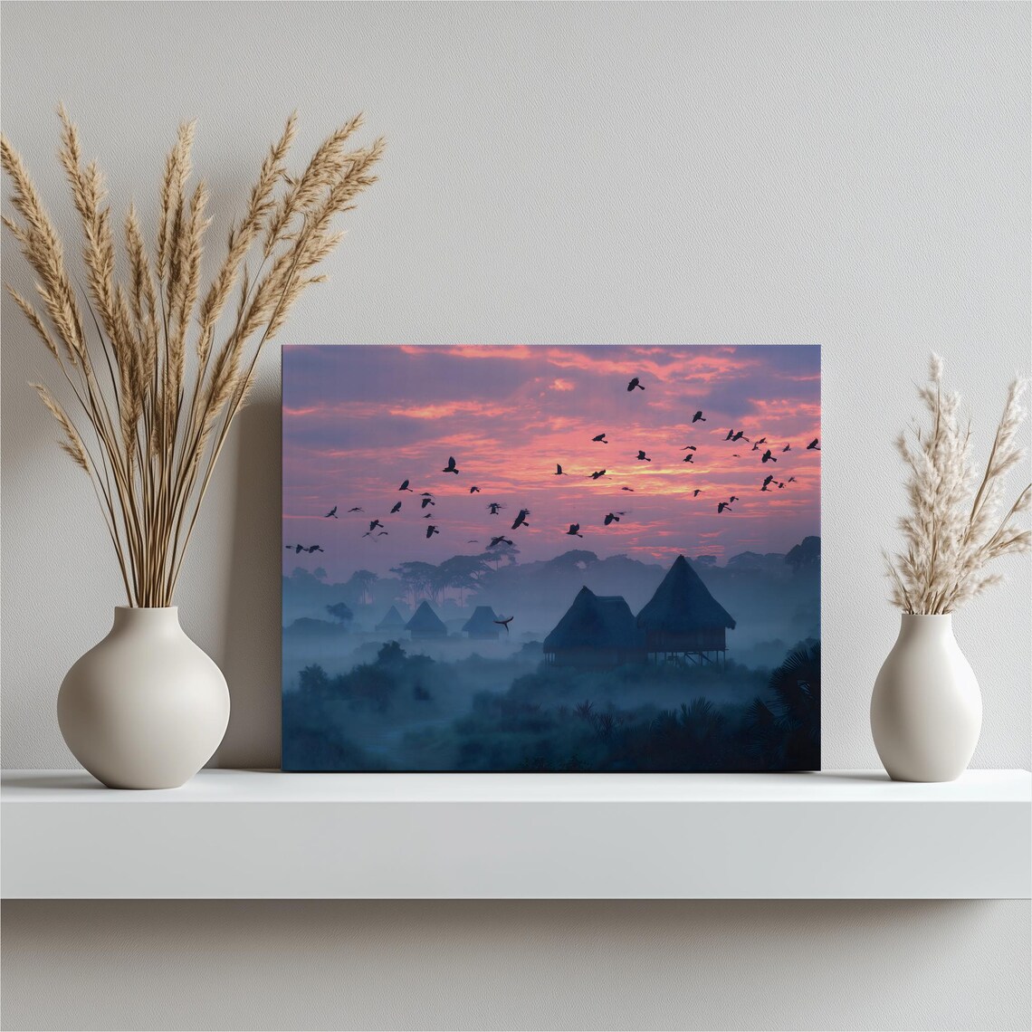 Misty Village Huts Birds Pink Sunset Tropical Landscape Art Poster
