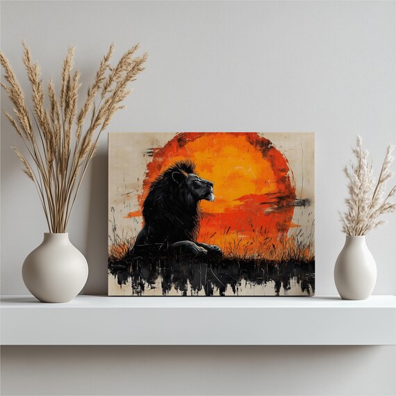 Lion Sunset Canvas Wall Art Bold African Savanna Silhouette Print With Orange Sun Modern Wildlife Decor Majestic King Of Beasts