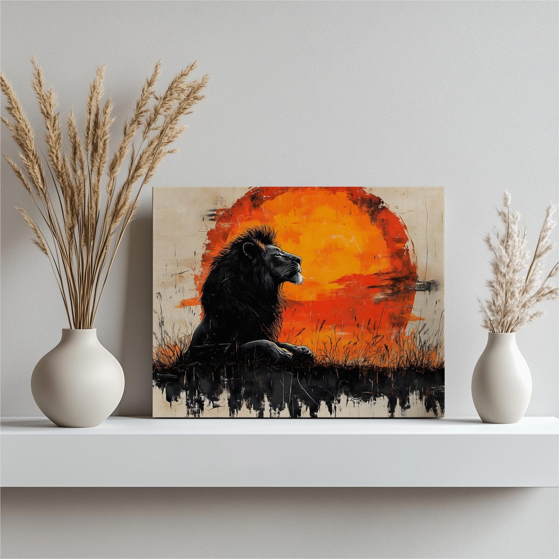 Lion Silhouette Against Blazing Orange Sun African Savanna Wall Art