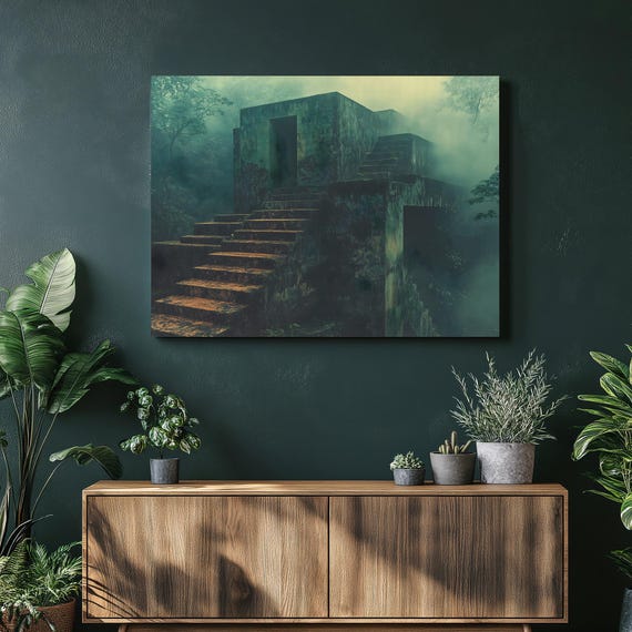 Mayan Jungle Temple Canvas Wall Art Misty Rainforest Ruins With Stone Steps Atmospheric Architecture Travel Moody Green Decor Print