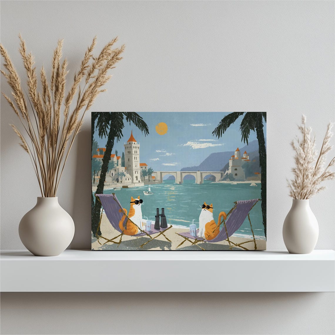 Sunbathing Cats Tropical Beach Lounge Mediterranean Retro Poster