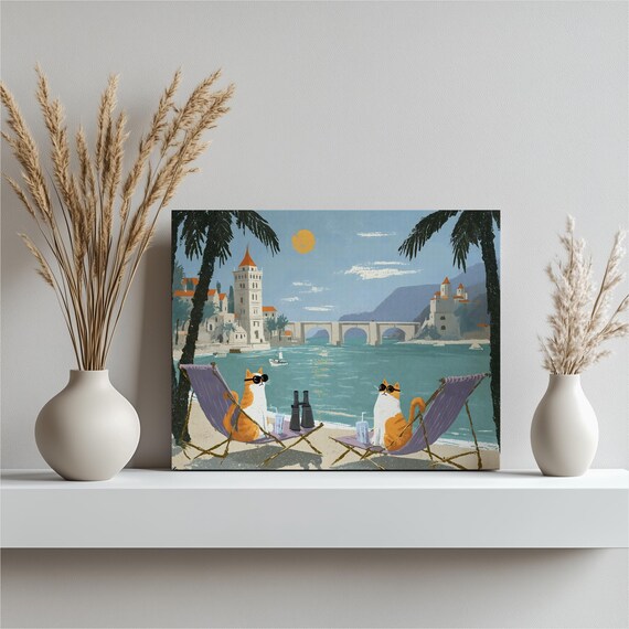Sunbathing Cats Tropical Beach Lounge Mediterranean Retro Poster