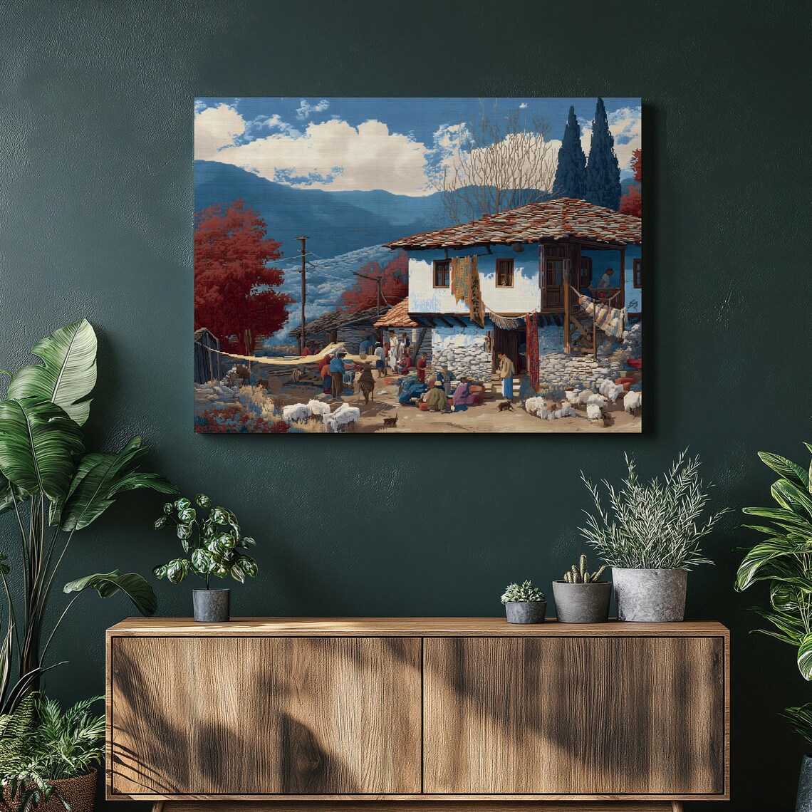Stone House Sheep Village Market Mountain Landscape Painting Poster