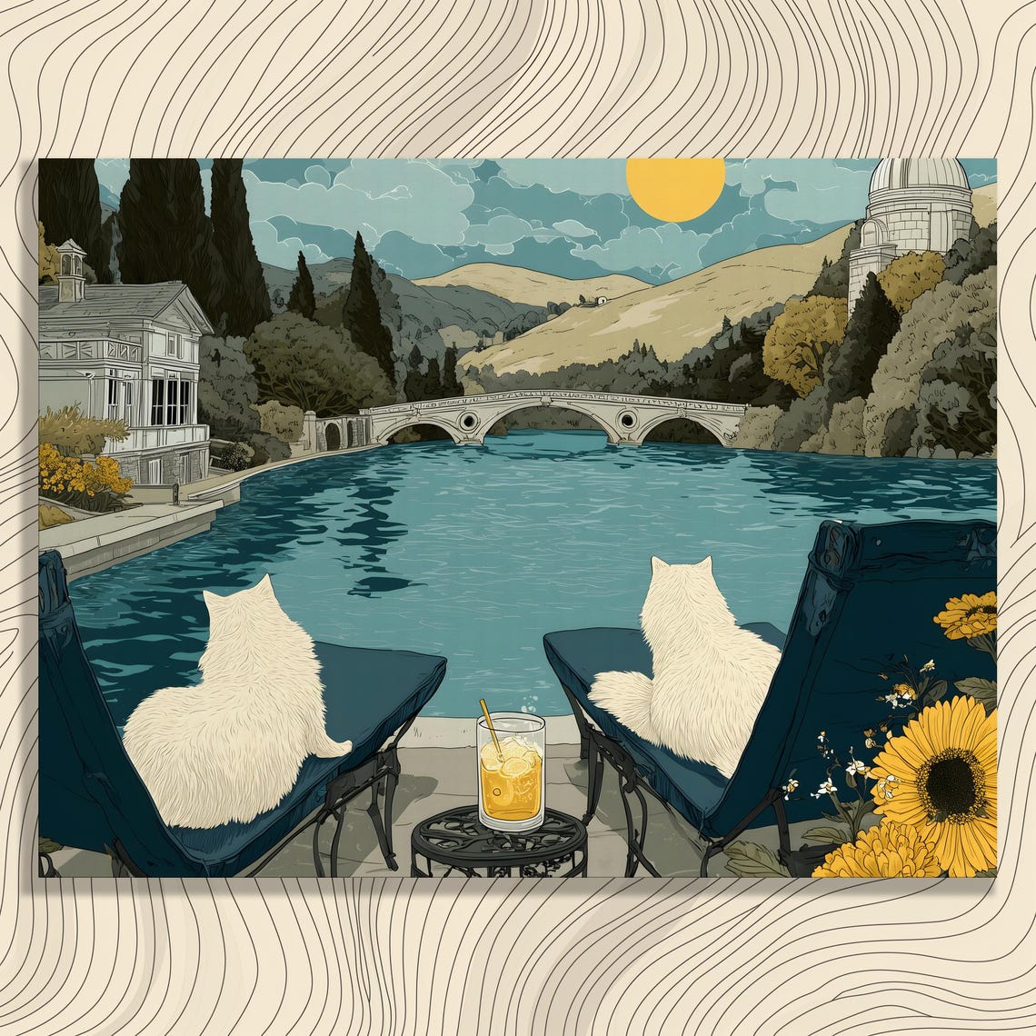 White Cats by the River Sunflowers Bridge Lazy Afternoon Wall Art