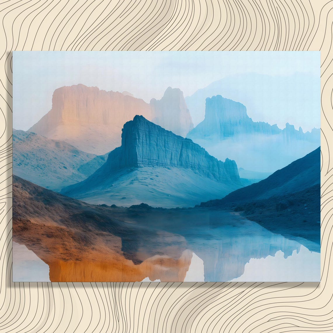 Serene Mountain Lake Reflection Misty Cliffs Calm Nature Scene Poster