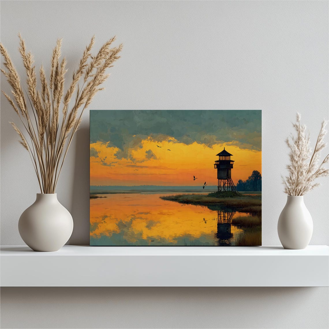 Sunset Marsh with Watchtower Golden Lake Reflection Wall Art