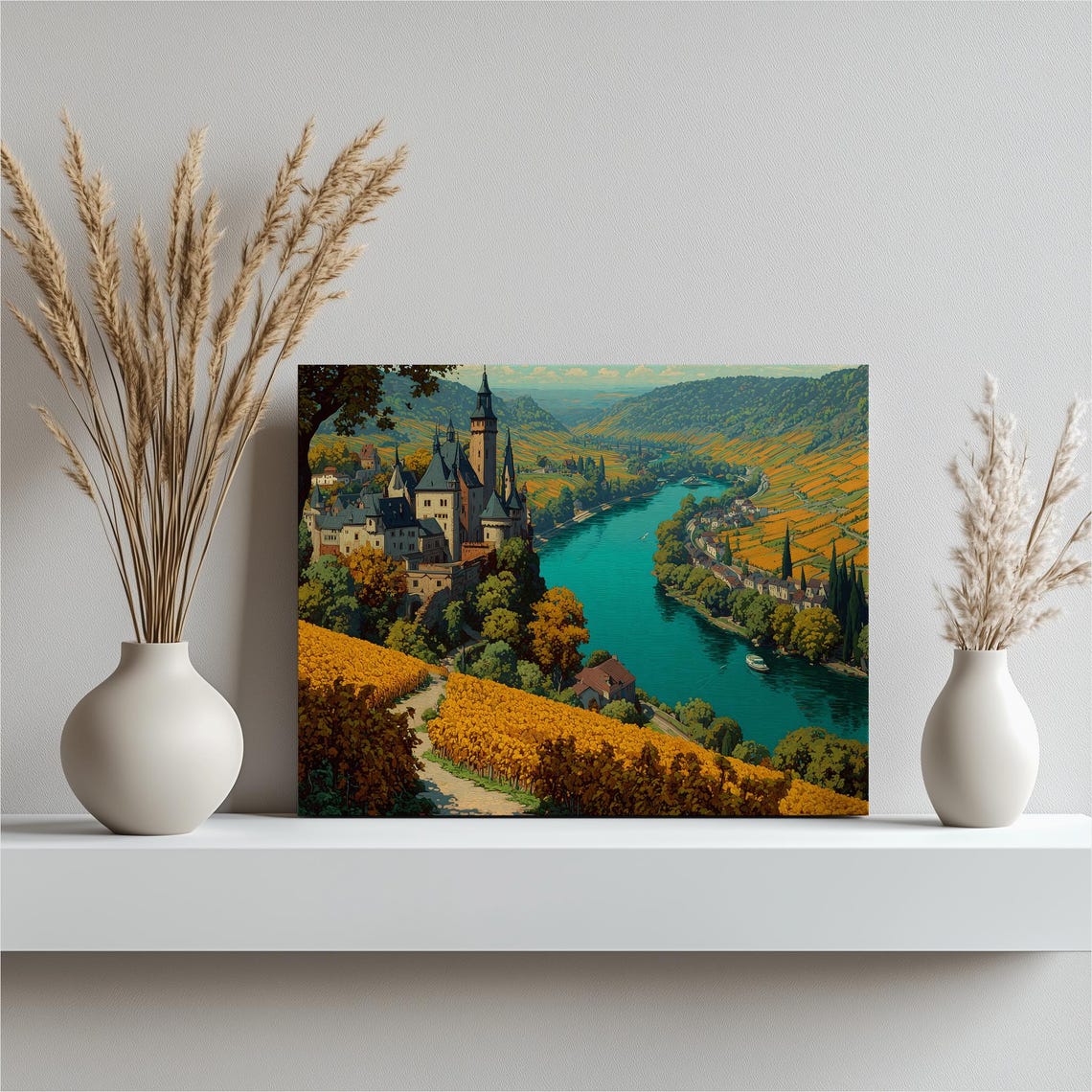 Medieval Castle Turquoise River Golden Vineyard Hills Landscape Poster