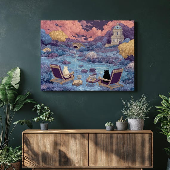 Enchanting Cat River Canvas Wall Art Pastel Dream Landscape Decor Print Nature Fantasy Illustration Gift Poster Piece
