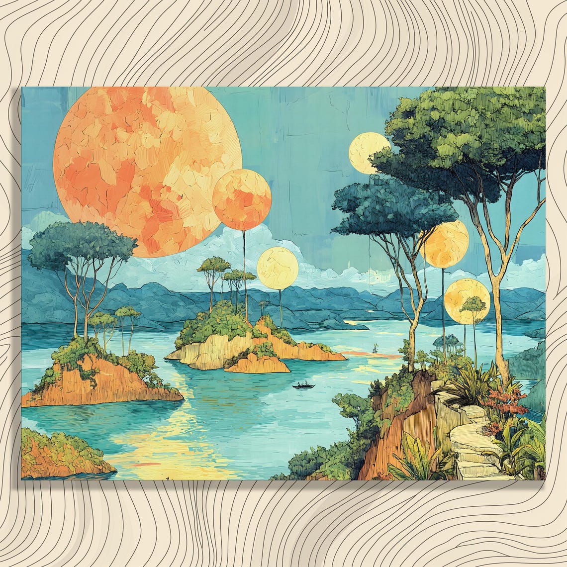 Surreal Sunset Landscape Giant Suns Floating Islands Fantasy Poster