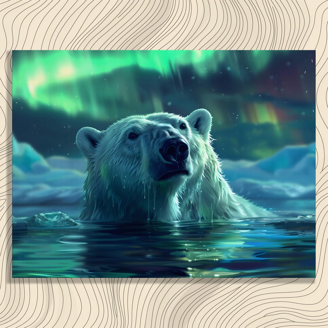 Polar Bear Swimming Under Green Northern Lights Aurora Poster