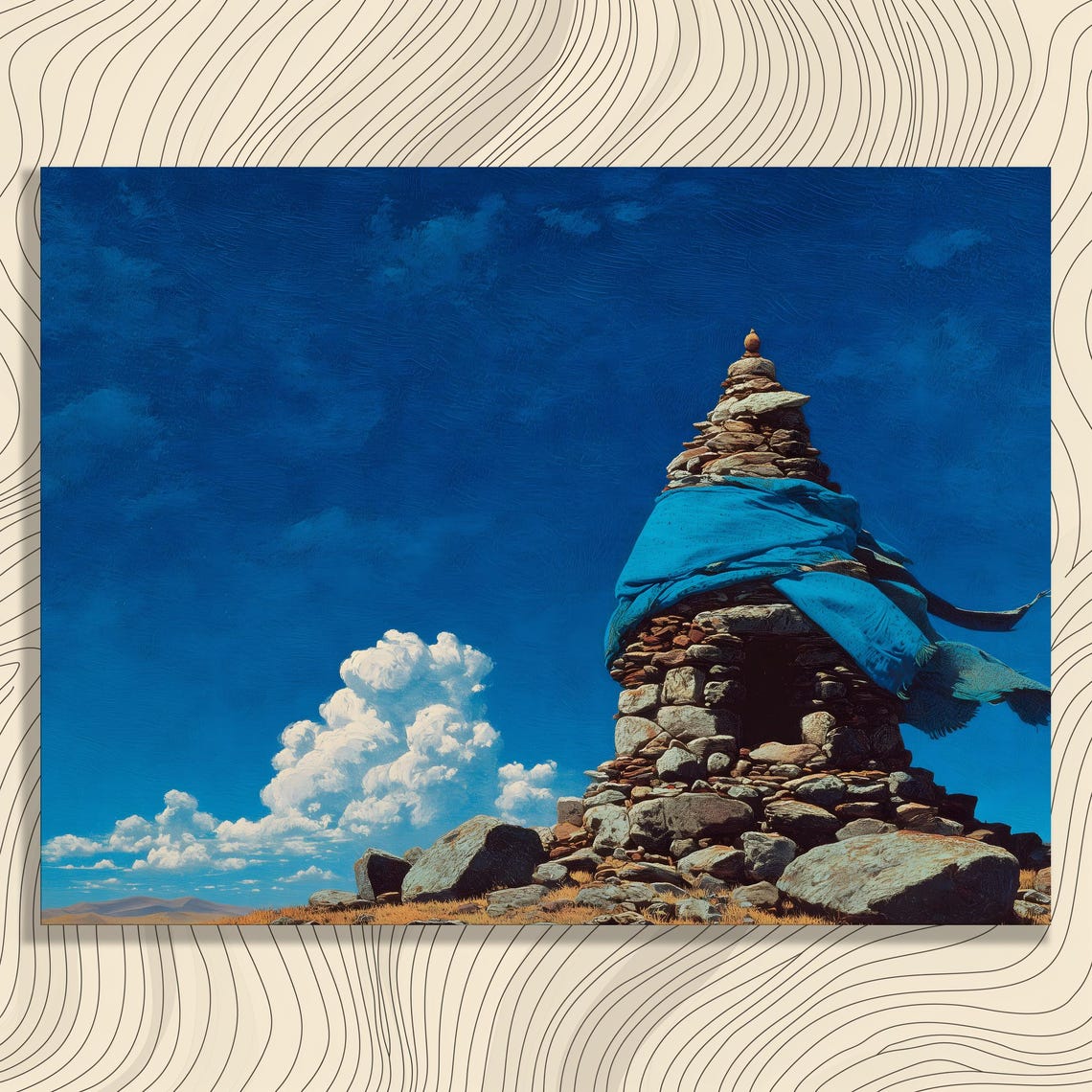 Sacred Stone Cairn Blue Cloth Under Bright Blue Sky Wall Art