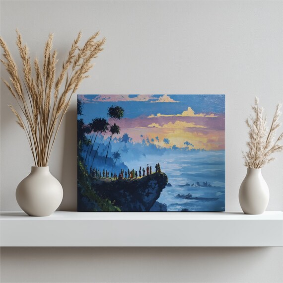 Clifftop Crowd Sunset Ocean Gathering Silhouette Coastal Art Poster