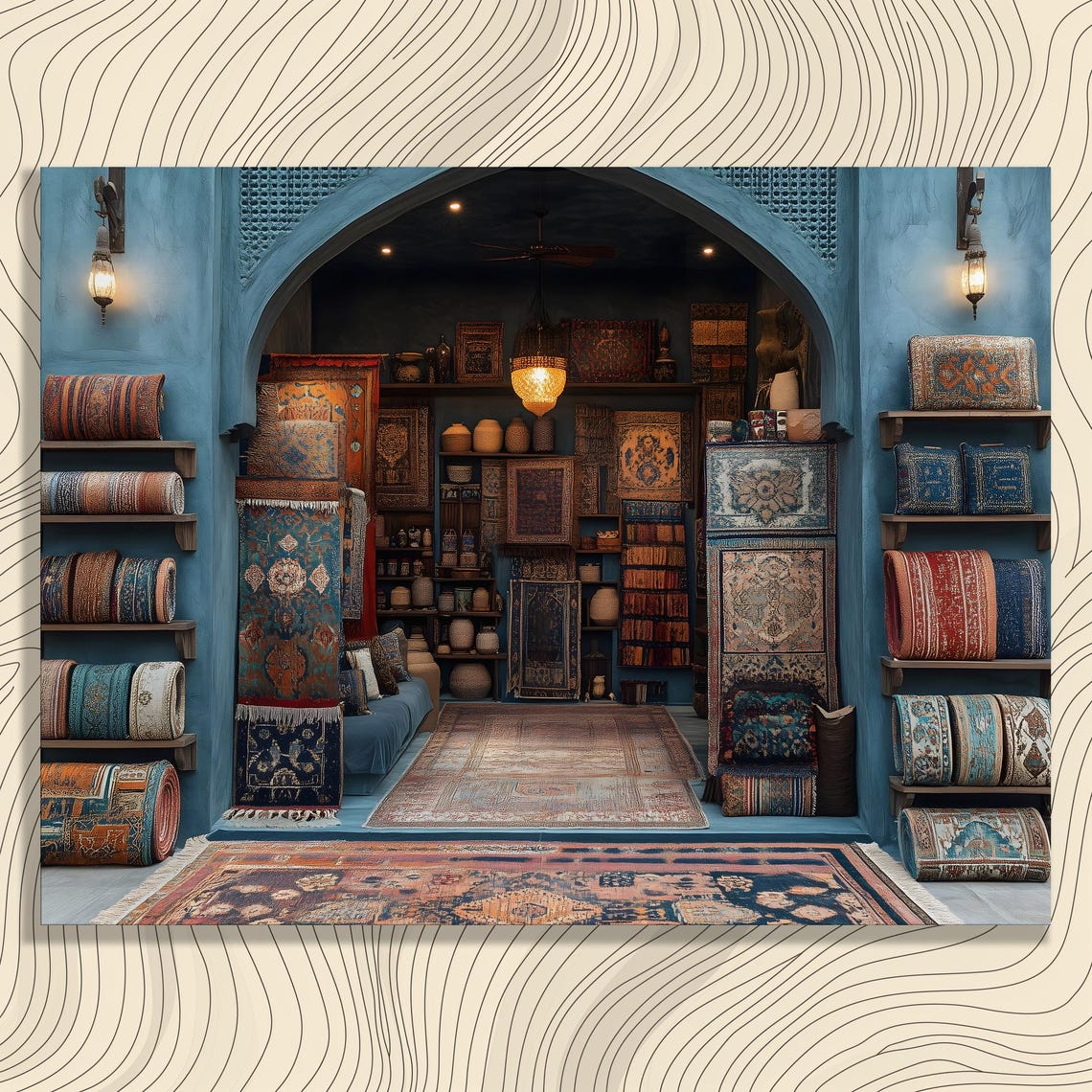 Moroccan Rug Shop Interior Blue Arch Patterned Carpets Poster
