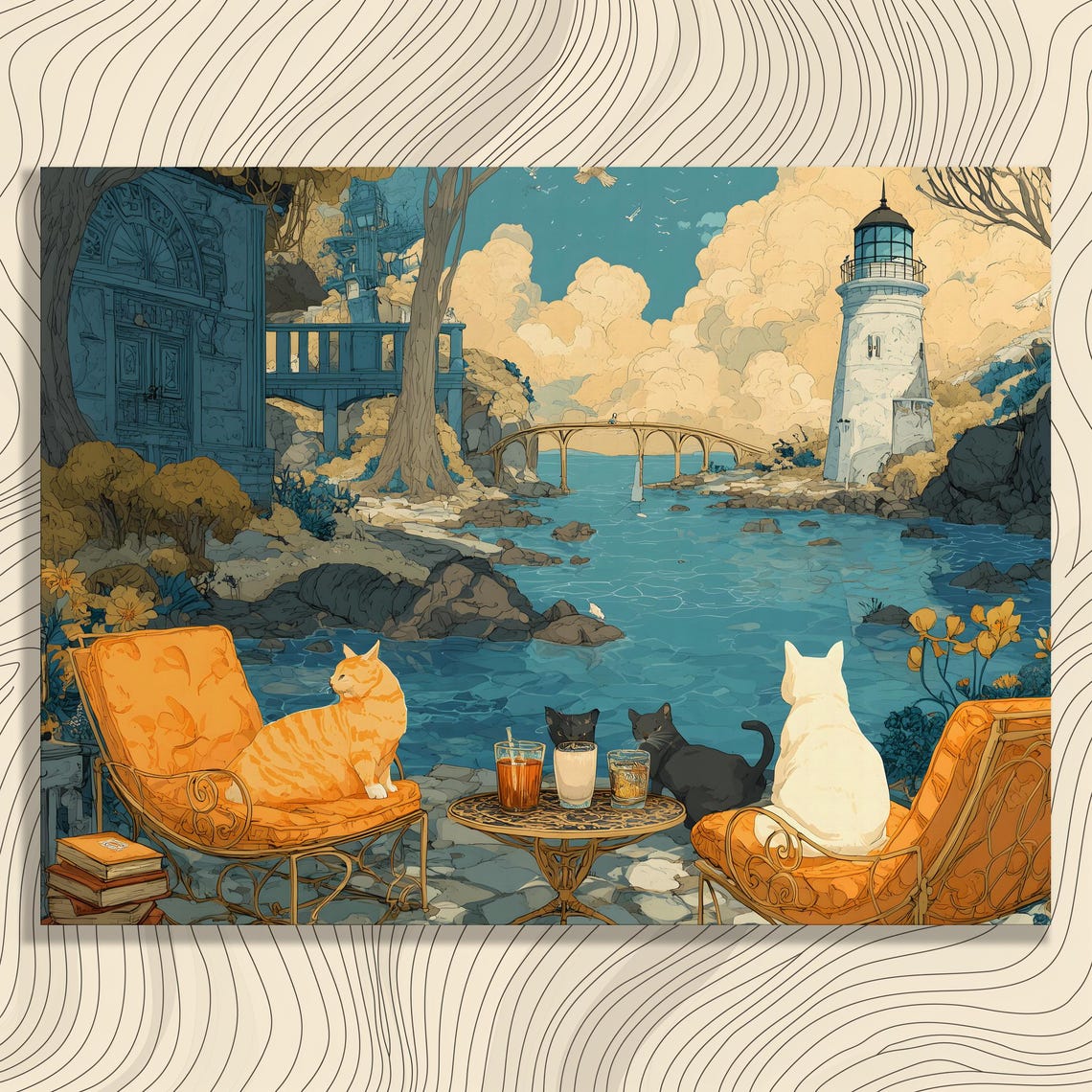 Coastal Cats Lighthouse Seaside Terrace Whimsical Illustration Poster