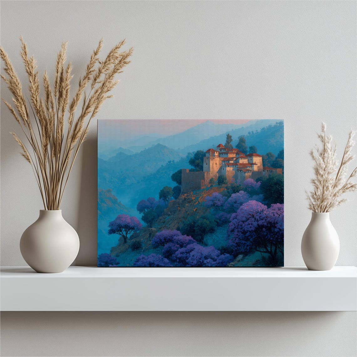 Enchanting Castle Sunset Jacaranda Trees Misty Blue Hills Poster