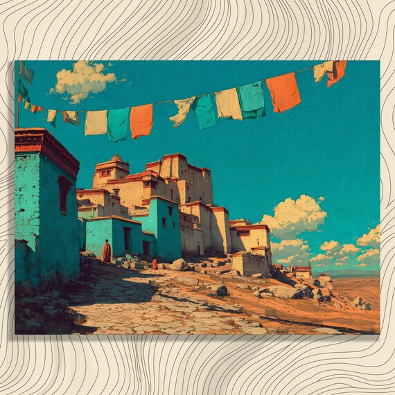 Mongolia Canvas Wall Art Ancient Desert City With Prayer Flags Vibrant Adobe Architecture Landscape Print For Travel Inspired Home Decor