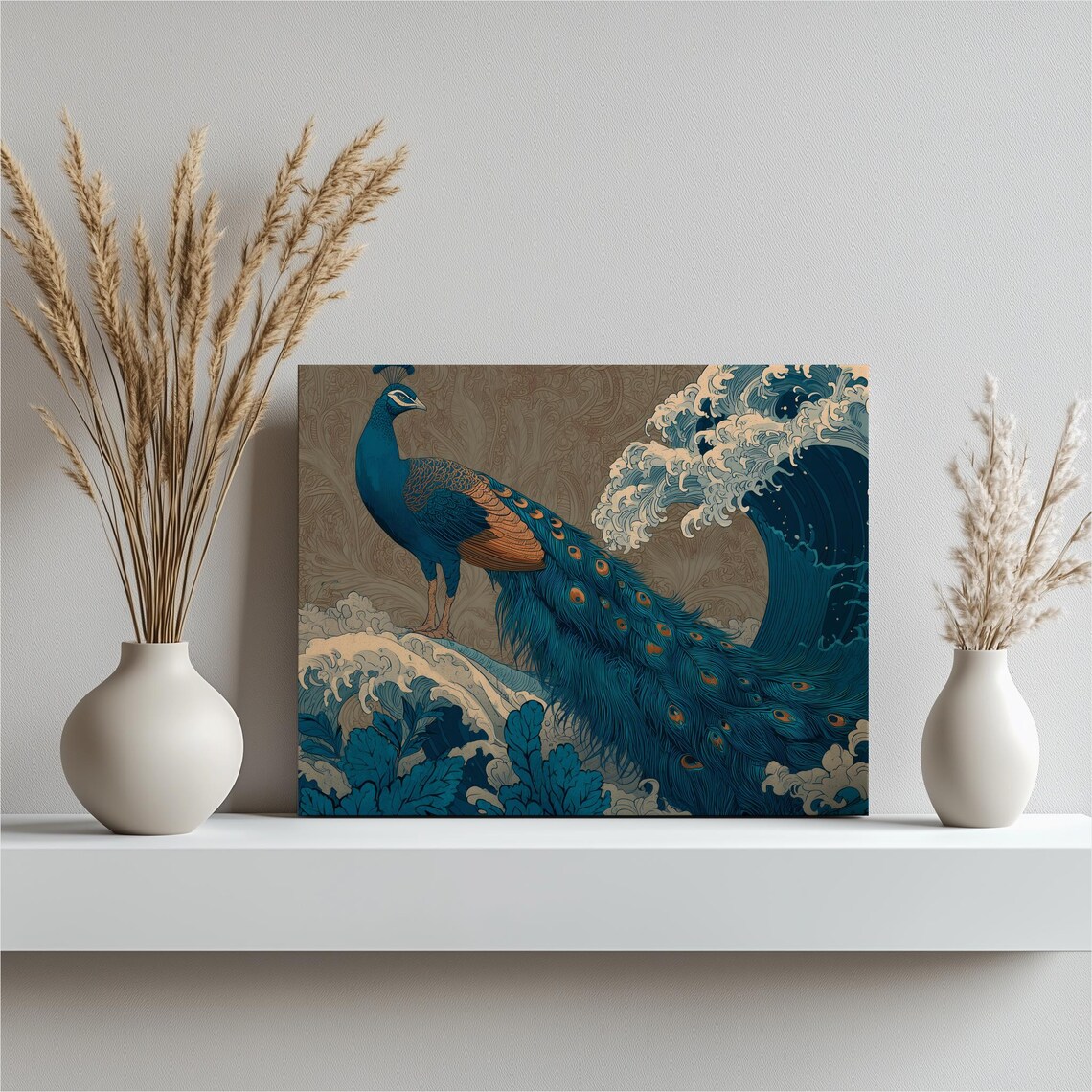 Blue Peacock Among Ocean Waves Japanese Style Ornate Bird Art Poster