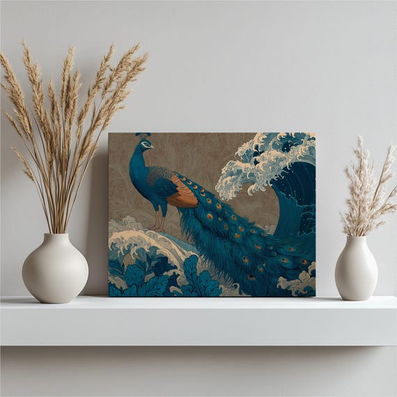 Peacock Canvas Wall Art Ornate Blue Nature Print Decorative Bird Feather Illustration For Home Office Decor Inspired