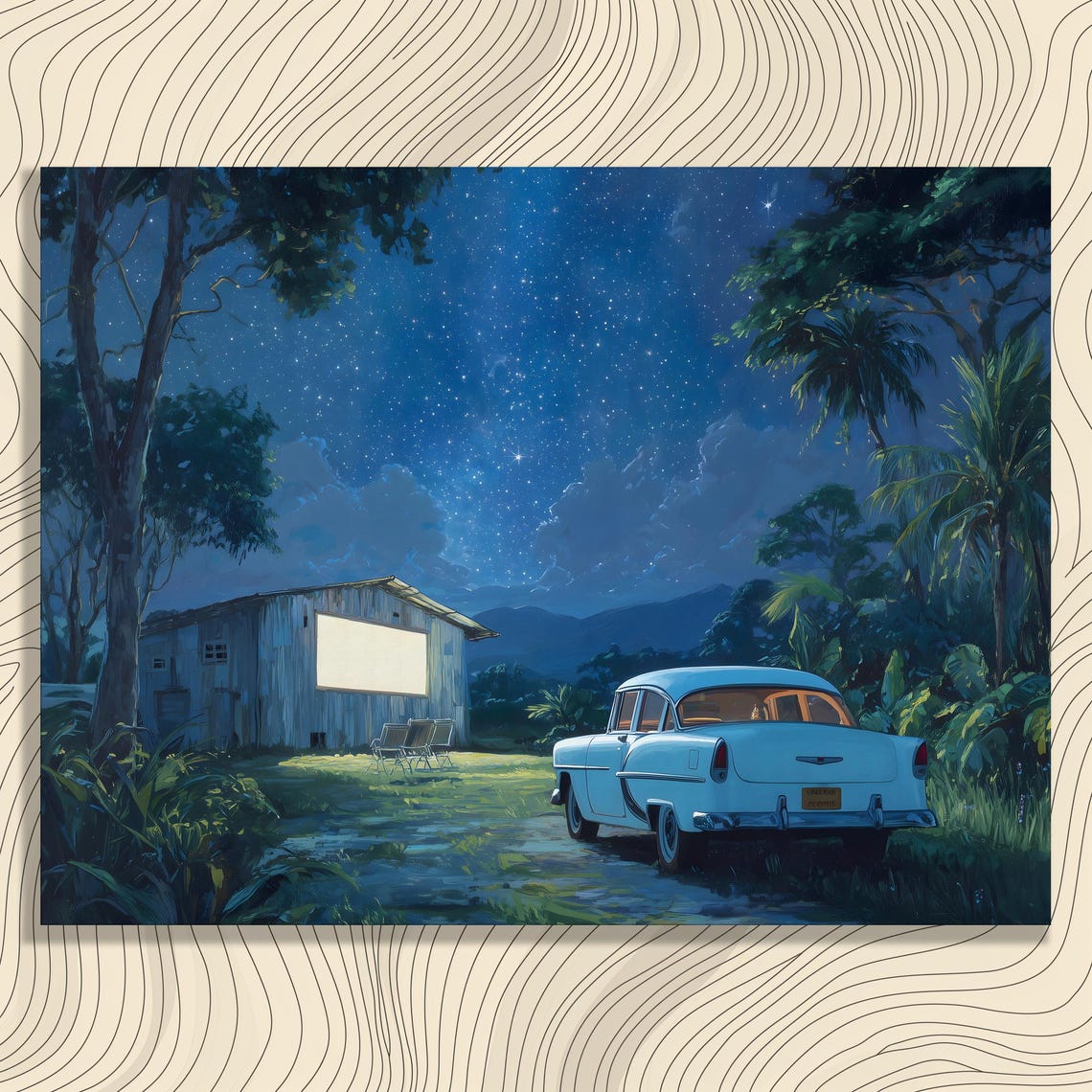 Retro Drive In Movie Night Poster Vintage Car Under Starry Sky Art