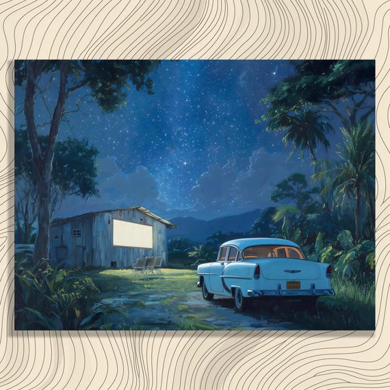 Retro Drive In Canvas Wall Art Vintage Car Under Starry Sky With Palm Trees Tropical Night Print Outdoor Cinema Gift Decor Present