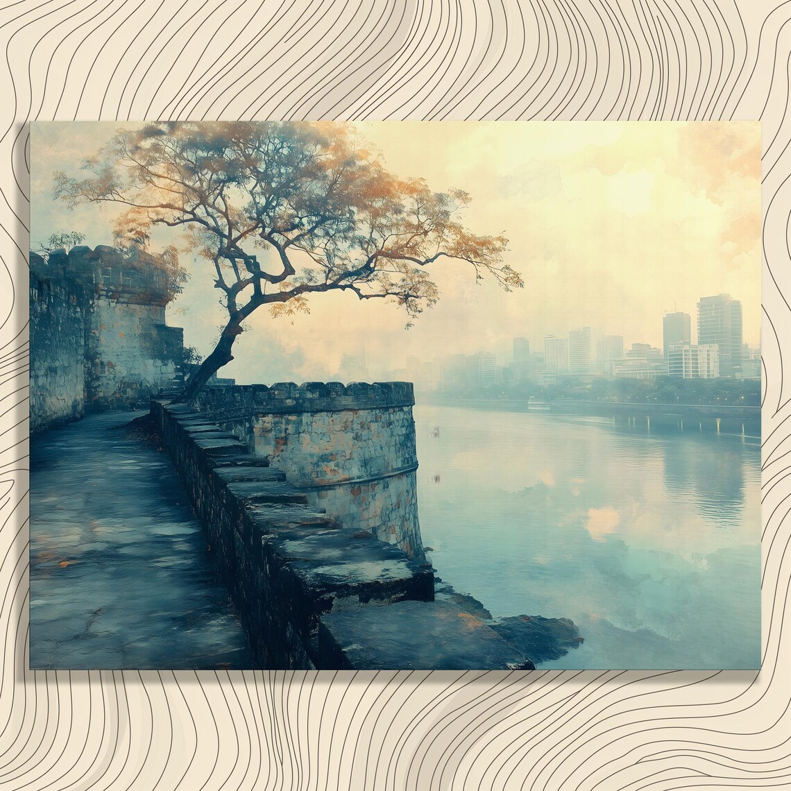 Serene Landscape Canvas Wall Art Tranquil River Reflection City Skyline Print Modern Abstract Nature Paintings Stone Decor