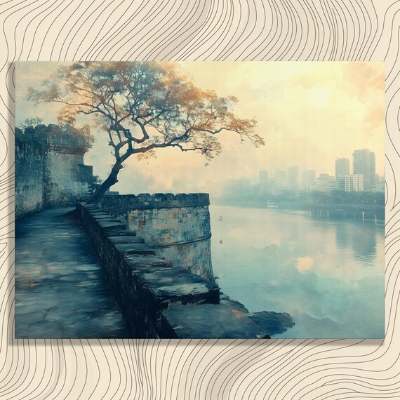 Serene Landscape Canvas Wall Art Tranquil River Reflection City Skyline Print Modern Abstract Nature Paintings Stone Decor