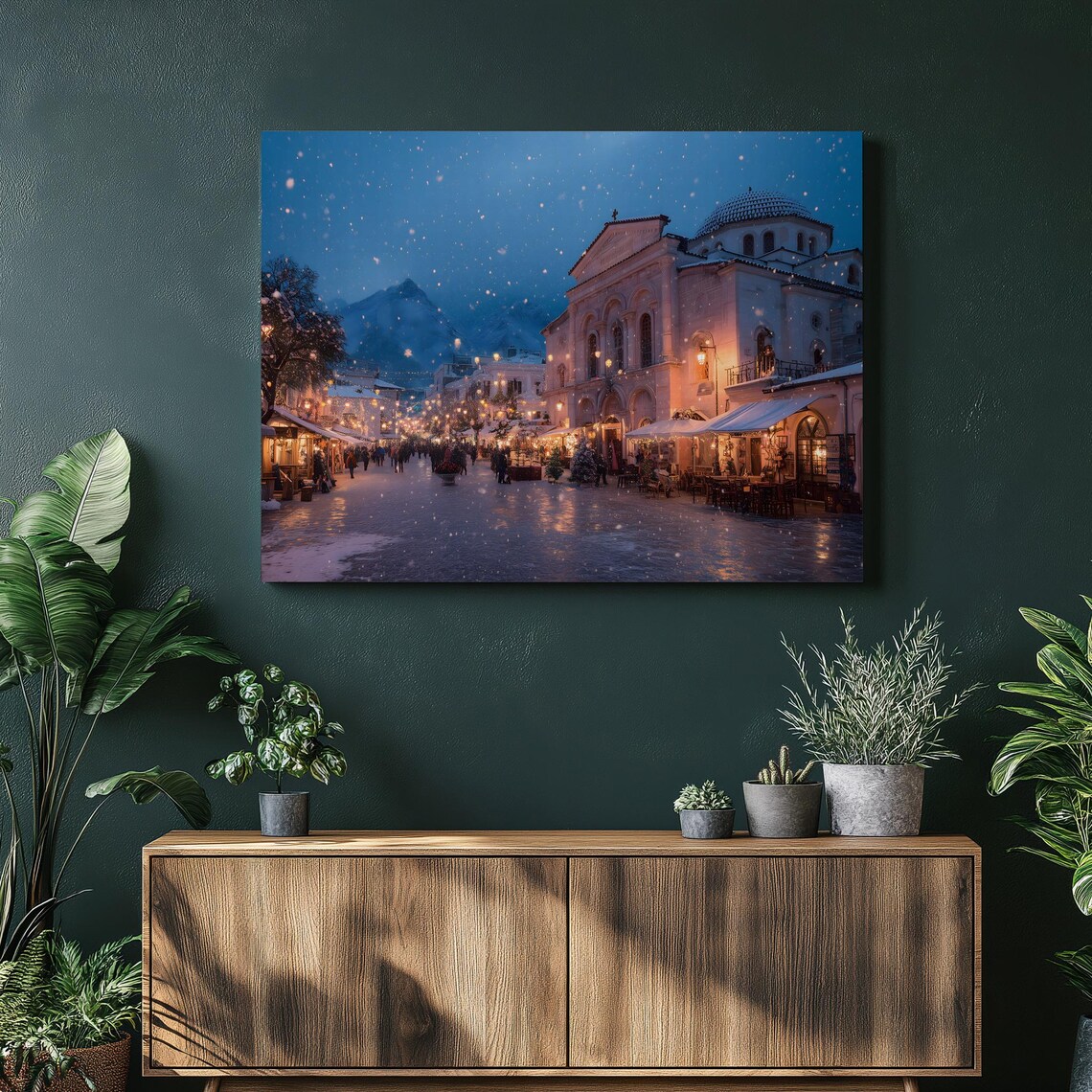 Snowy European Market Street Festive Winter Dusk Lights Wall Art