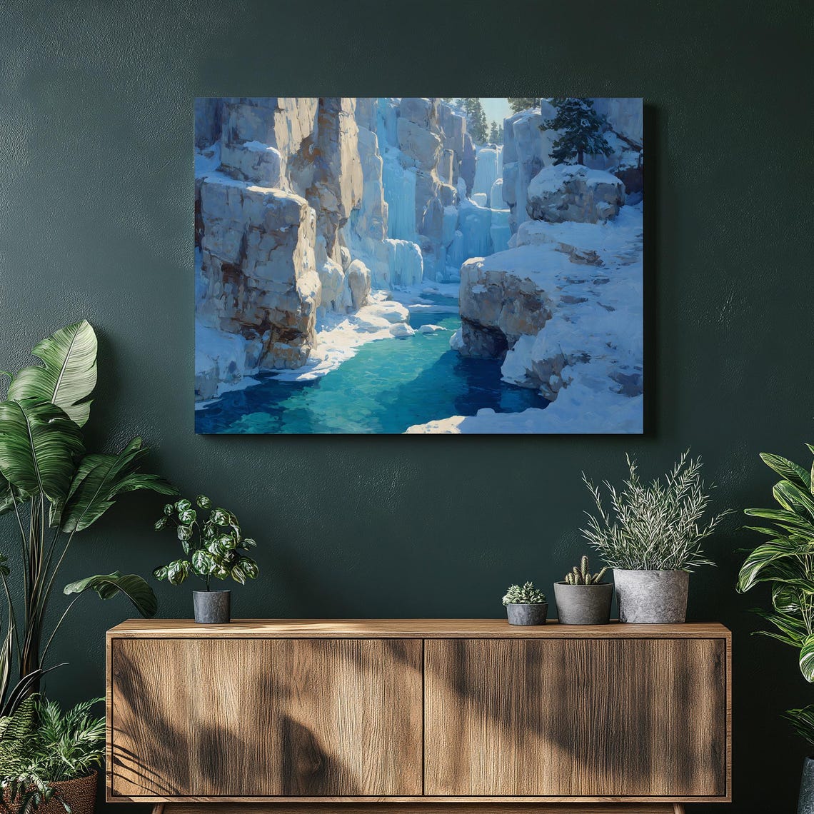 Winter Canyon Frozen Waterfall Turquoise River Snow Landscape Poster