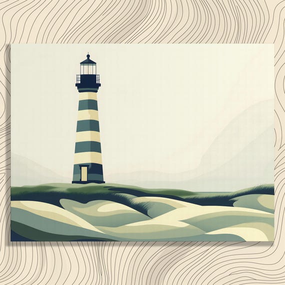 Serene Lighthouse Canvas Wall Art Abstract Coastal Hill Print In Green Beige Palette With Flowing Sea Pattern For Minimal Home Decor