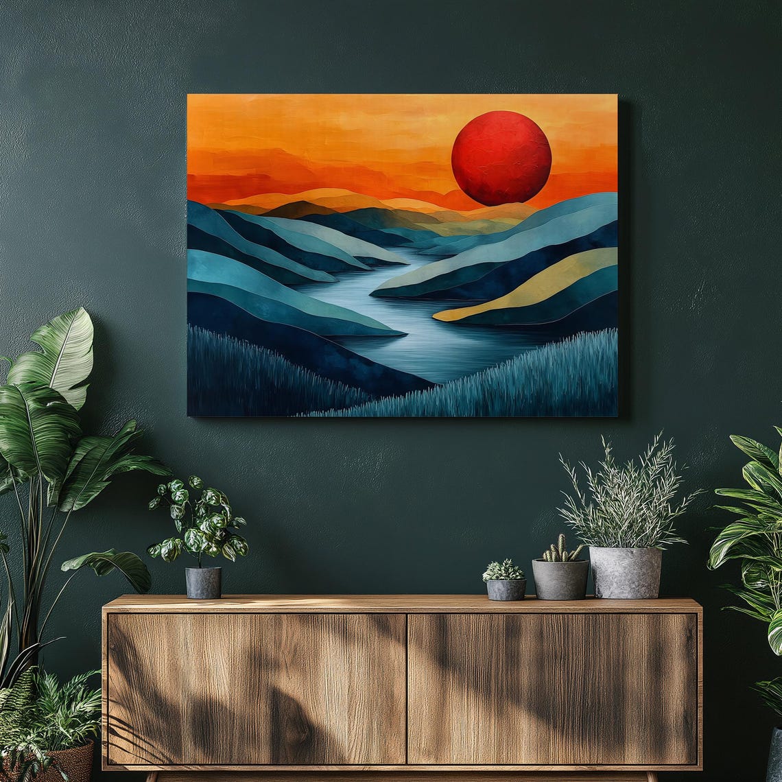 Bold Red Sun Sunrise Over Teal Mountain River Landscape Print