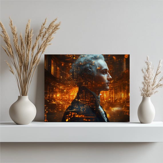 Classical Composer Canvas Wall Art Luminous Grand Concert Hall Portrait With Swirling Musical Notes Warm Glow Orchestral Decor For Home