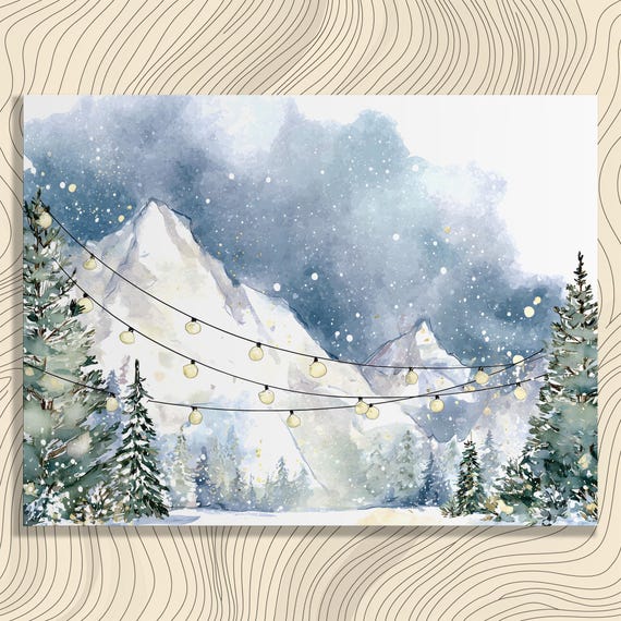 Winter Mountain Canvas Wall Art Snowy Forest Watercolor Painting Landscape Print String Lights Pine Tree Decor Rustic Cabin