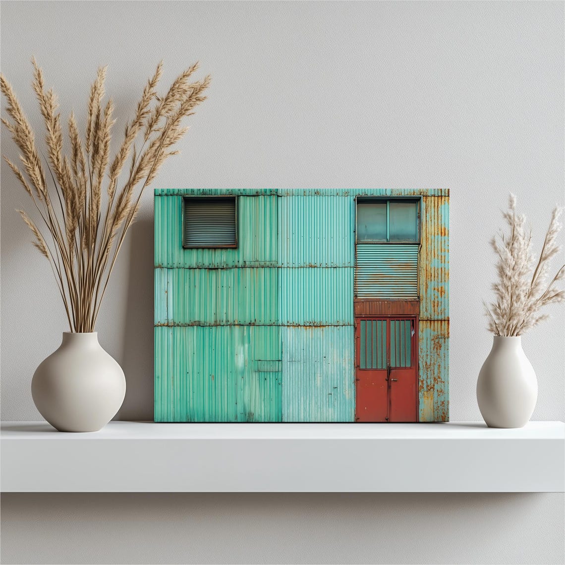 Turquoise Corrugated Metal Building Facade Rust Red Door Art Print