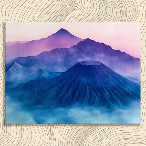 Surreal Volcano Mountain Canvas Wall Art Modern Landscape Print With Misty Mountains Blue Pink Nature Decor Gift For Lovers