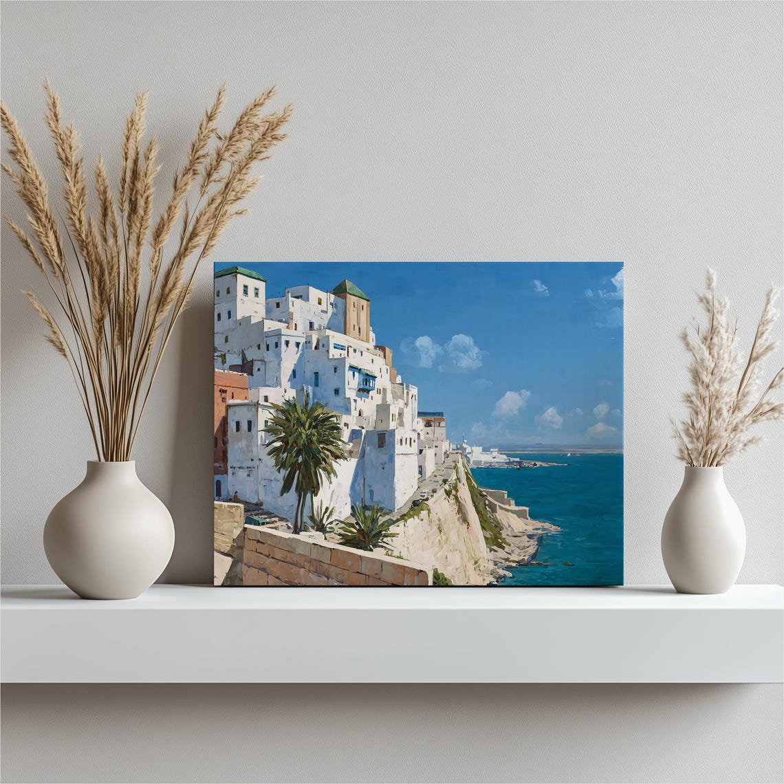 Whitewashed Coastal Town Cliffs Palm Trees Blue Sea Painting Poster