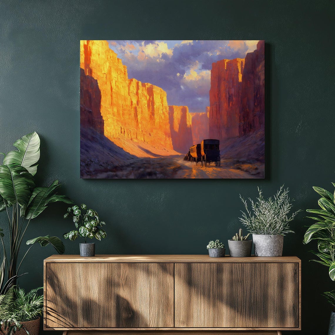 Western Stagecoach Red Rock Canyon Sunset Oil Painting Poster